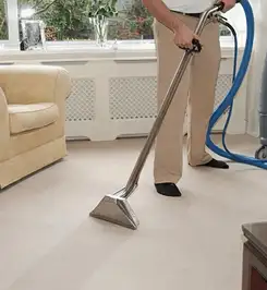 Professional carpet cleaner using a hot-water extraction wand and hose machine in a living room in Erie, PA.
