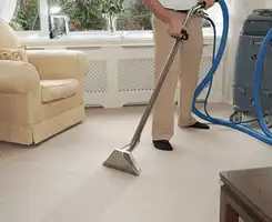 Carpet cleaning professional removing dirt and stains with a hot-water extraction tool in a home, Erie, PA.