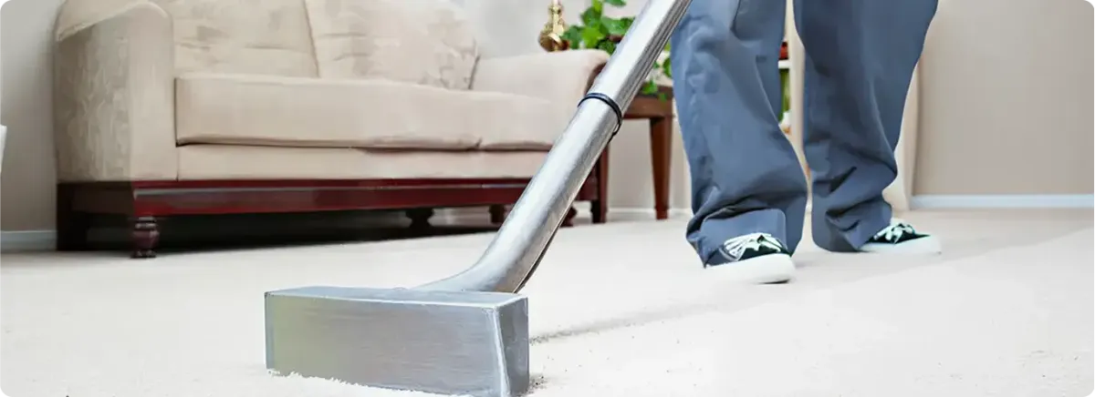 Carpet cleaning technician using a hot-water extraction wand on a light-colored carpet in a living room, Erie, PA.