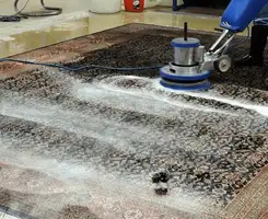 Professional rug cleaning with a rotary floor machine and shampoo foam, deep-cleaning an area rug, in Erie, PA.